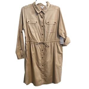 Time & Tru Womens Utility Shirt Dress XXL Dusky Taupe Long Sleeve Pockets Casual